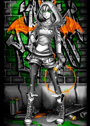 Graffiti Anime Girl: Urban Style and Rebellious Spirit - Premium Wooden Framed Poster. Ready to Hang.