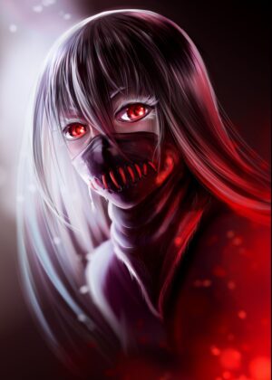 Cute Anime Girl with Red Eyes and Mask Digital Art Print - Premium Wooden Framed Poster. Ready to Hang.