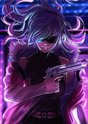 Cyberpunk Girl with Gun: Neon Nights - Premium Wooden Framed Poster. Ready to Hang.
