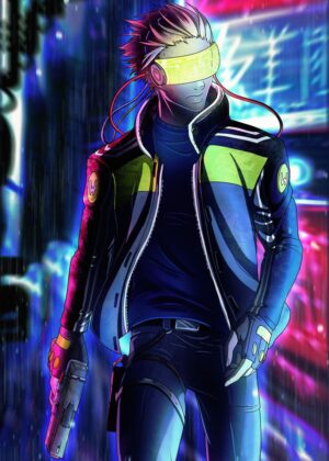 Cyberpunk Man: Neon City Nights - Premium Wooden Framed Poster. Ready to Hang.
