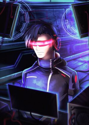 Neon Hacker: Digital Cyberpunk Art Print - Premium Wooden Framed Poster. Ready to Hang.