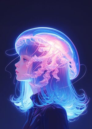 Ethereal Jellyfish Girl: Digital Art Print - Premium Wooden Framed Poster. Ready to Hang.