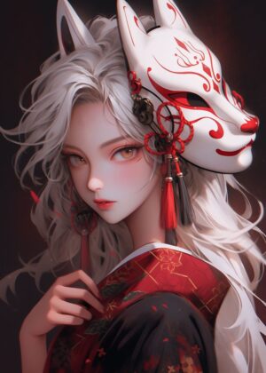 Cute Samurai Princess: Anime Digital Art Print - Premium Wooden Framed Poster. Ready to Hang.