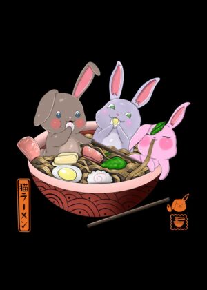 Adorable Bunnies Enjoying a Delicious Ramen Bowl - Premium Wooden Framed Poster. Ready to Hang.