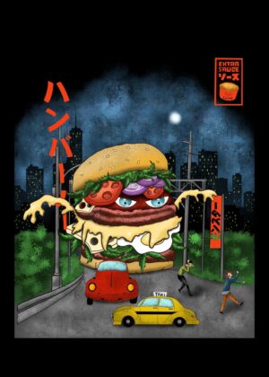 Burger Kaiju Attacking City at Night - Premium Wooden Framed Poster. Ready to Hang.