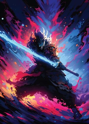 Neon Samurai: Anime-Inspired Digital Art Print - Premium Wooden Framed Poster. Ready to Hang.