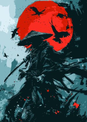 Japanese Samurai Anime Art: Crimson Moon Warrior - Premium Wooden Framed Poster. Ready to Hang.