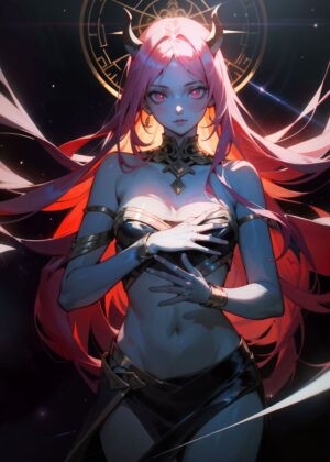 Mystic Demon Warrior Girl: Digital Fantasy Art Print - Premium Wooden Framed Poster. Ready to Hang.