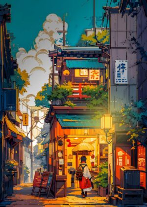 Anime Sunset Cityscape: Vibrant Pixel Art Print - Premium Wooden Framed Poster. Ready to Hang.