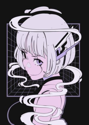 Vaporwave Cybergirl Art Print - Premium Wooden Framed Poster. Ready to Hang.