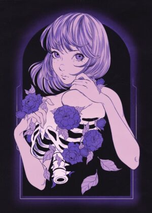 Flowercage: A Darkly Beautiful Anime Girl Art Print - Premium Wooden Framed Poster. Ready to Hang.