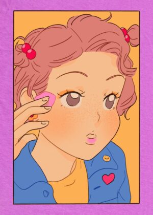 Anime Cute Girl Applying Makeup - Premium Wooden Framed Poster. Ready to Hang.