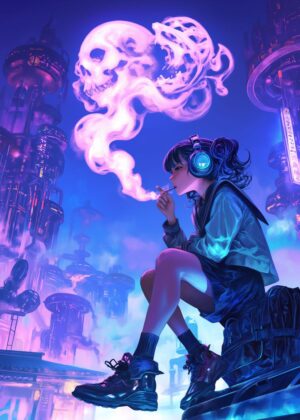 Cyberpunk Skull Smoke Girl Art Print - Premium Wooden Framed Poster. Ready to Hang.