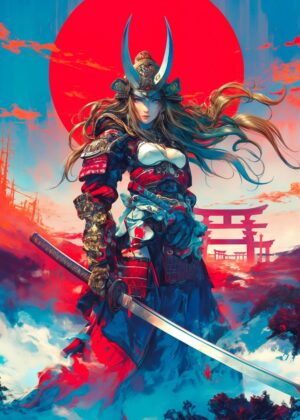 Ancient Samurai Heroine: A Stunning Artwork of a Female Warrior - Premium Wooden Framed Poster. Ready to Hang.