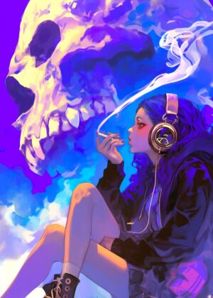 Smoking Skull Girl: A Vivid Digital Art Print - Premium Wooden Framed Poster. Ready to Hang.