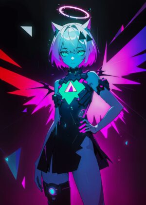 Neon Angel: Cyberpunk Anime Art Print - Premium Wooden Framed Poster. Ready to Hang.