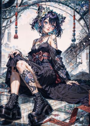 Anime Japanese City Gothic Girl Art Print - Premium Wooden Framed Poster. Ready to Hang.