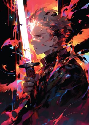 Fiery Anime Swordsman Art Print - Premium Wooden Framed Poster. Ready to Hang.