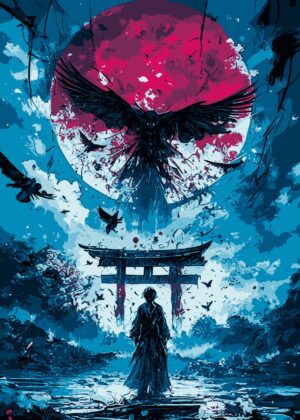 Anime Torii Gate with Majestic Phoenix - Premium Wooden Framed Poster. Ready to Hang.