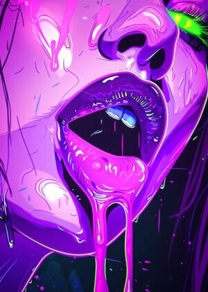 Dripping Mouth: Neon Purple Lips Art Print - Premium Wooden Framed Poster. Ready to Hang.