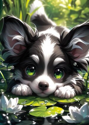 Adorable Puppy in a Lily Pad Pond - Premium Wooden Framed Poster. Ready to Hang.