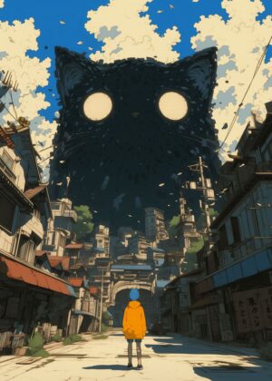 Giant Cat Looms Over Cityscape: Limited Edition Art Print - Premium Wooden Framed Poster. Ready to Hang.