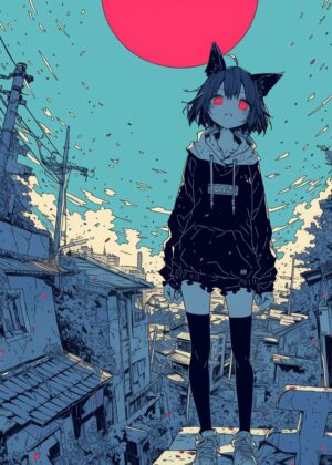 Abnormal Core: Anime Girl in Urban Decay - Premium Wooden Framed Poster. Ready to Hang.