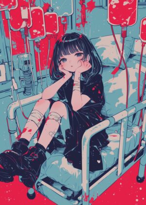 Abnormal Core: Anime Girl in Hospital Bed - Premium Wooden Framed Poster. Ready to Hang.