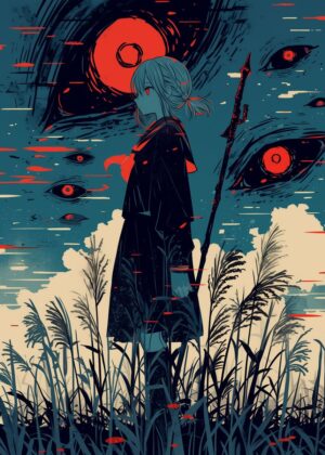 Mysterious Girl with Staff in a Surreal Landscape - Premium Wooden Framed Poster. Ready to Hang.