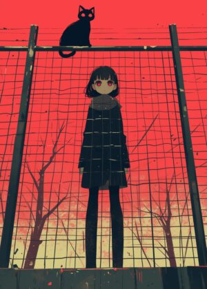 Crimson Solitude: Anime Girl and Black Cat Artwork - Premium Wooden Framed Poster. Ready to Hang.