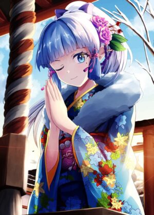 Adorable Anime Girl in Kimono - Premium Wooden Framed Poster. Ready to Hang.