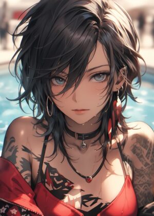 Sunny Day Tattoo Girl Poolside Art Print - Premium Wooden Framed Poster. Ready to Hang.