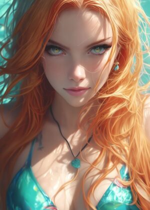 Sun-Kissed Siren: Anime Beach Girl Art Print - Premium Wooden Framed Poster. Ready to Hang.