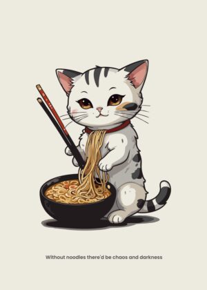 Adorable Cat Noodle Art Print - Premium Wooden Framed Poster. Ready to Hang.
