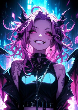 Rebellious Anime Girl: Cyberpunk Style Art Print - Premium Wooden Framed Poster. Ready to Hang.