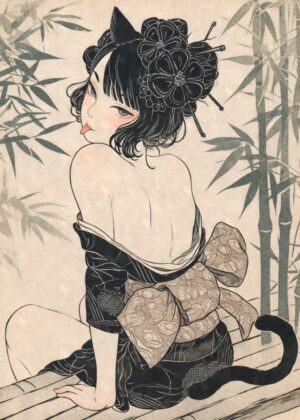 Vintage Cat Girl Kimono Art Print - Premium Wooden Framed Poster. Ready to Hang.