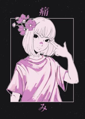 Blossom: A Melancholy Anime Girl Art Print - Premium Wooden Framed Poster. Ready to Hang.