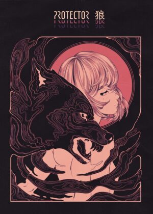 Dark Fantasy Art Print: Wolf Protector - Premium Wooden Framed Poster. Ready to Hang.