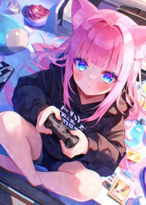 Kawaii Chibi Gamer Girl Art Print - Premium Wooden Framed Poster. Ready to Hang.