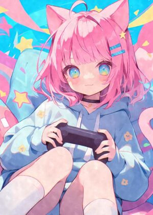 Pastel Chibi Gamer Girl Artwork Print - Premium Wooden Framed Poster. Ready to Hang.