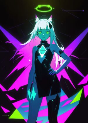 Neon Cyberpunk Girl: Digital Art Print - Premium Wooden Framed Poster. Ready to Hang.