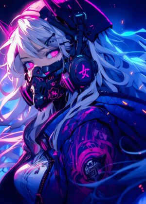 Cyberpunk Anime Girl: Neon Dreams - Premium Wooden Framed Poster. Ready to Hang.