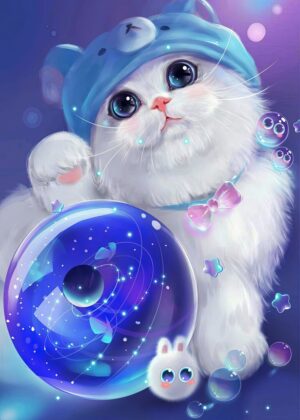 Adorable Anime Kitten with Magical Orb - Premium Wooden Framed Poster. Ready to Hang.