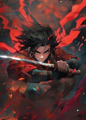 Fierce Samurai Art Print: Crimson Battle - Premium Wooden Framed Poster. Ready to Hang.