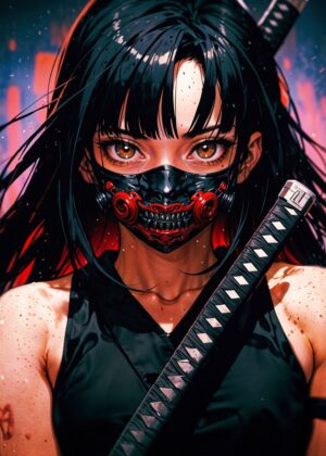 Secret Warrior: Anime Cyberpunk Art Print - Premium Wooden Framed Poster. Ready to Hang.
