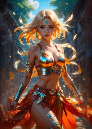 Anime Girl Bathed in Golden Magic - Premium Wooden Framed Poster. Ready to Hang.