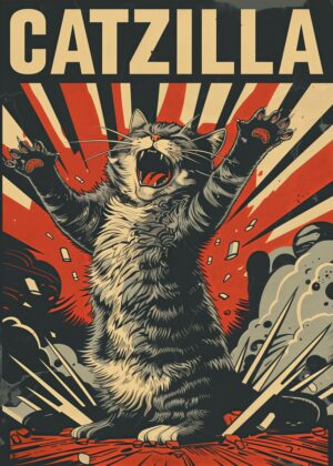 Catzilla: A Hilarious Cat-Themed Artwork - Premium Wooden Framed Poster. Ready to Hang.