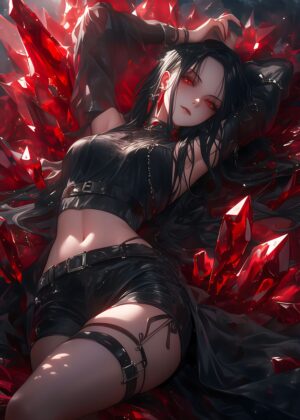 Anime Girl Amidst Crimson Crystals - Premium Wooden Framed Poster. Ready to Hang.