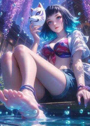 Anime Girl Fox Spirit: A Dreamy Summer Escape - Premium Wooden Framed Poster. Ready to Hang.