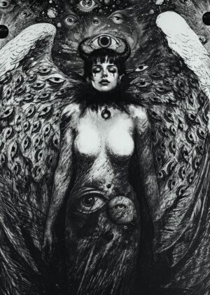 Eyes of the Ethereal: A Dark Angel's Gaze - Premium Wooden Framed Poster. Ready to Hang.